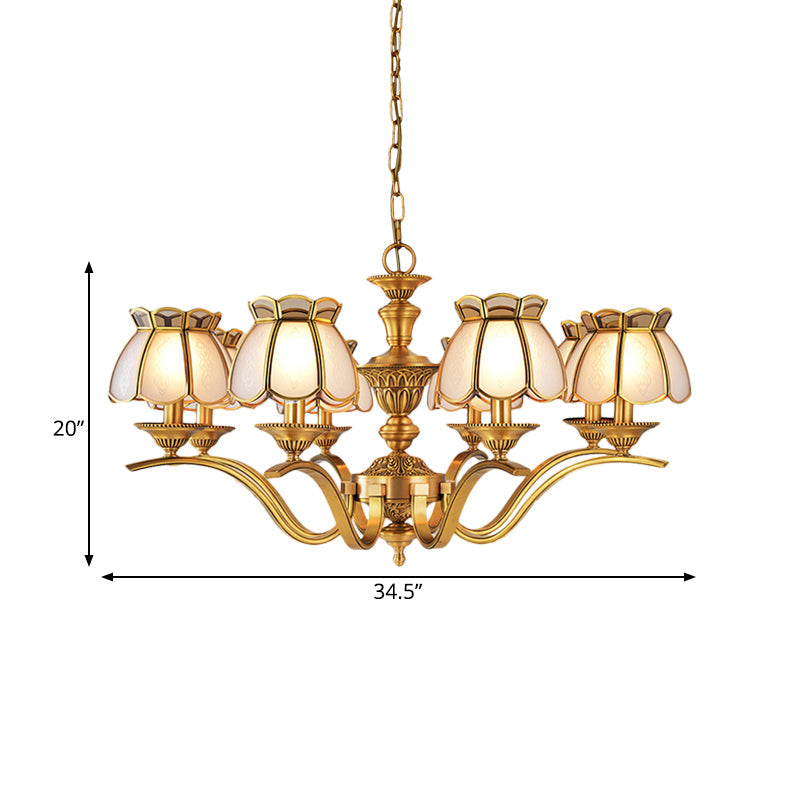 Scalloped Pendant Chandelier - Colonial Gold Finish With Frosted White Glass