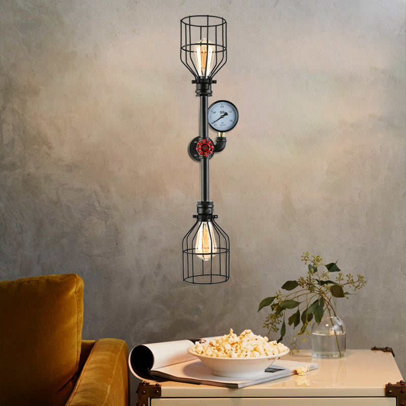 Industrial Metal Wall Sconce With 2 Bulbs Cage Shade And Gauge - Black Finish