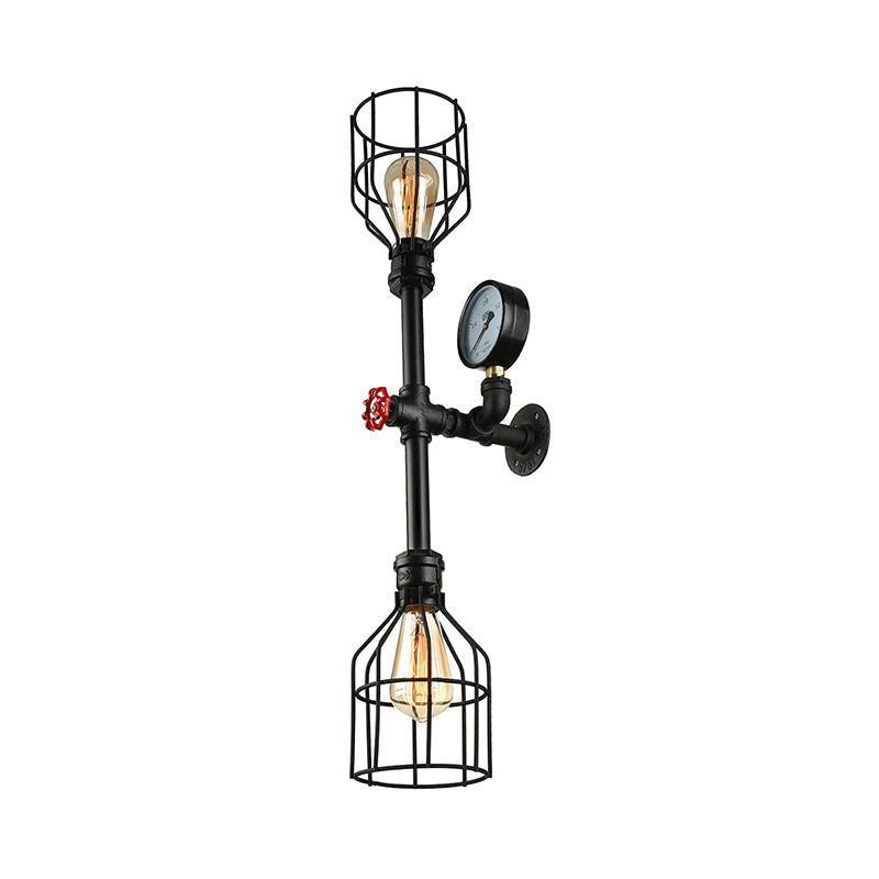 Industrial Metal Wall Sconce With 2 Bulbs Cage Shade And Gauge - Black Finish