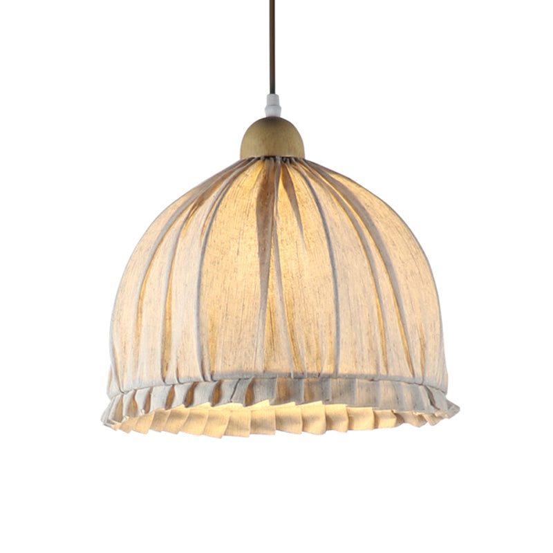 Retra 1-Light Bowl Fabric Suspended Pendant In Cream Gray With Wooden Top - 14/16 W For Dining Room