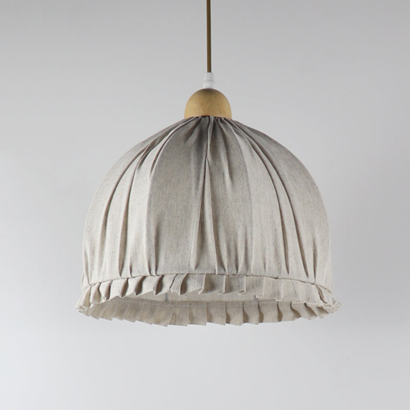 Retra 1-Light Bowl Fabric Suspended Pendant In Cream Gray With Wooden Top - 14/16 W For Dining Room