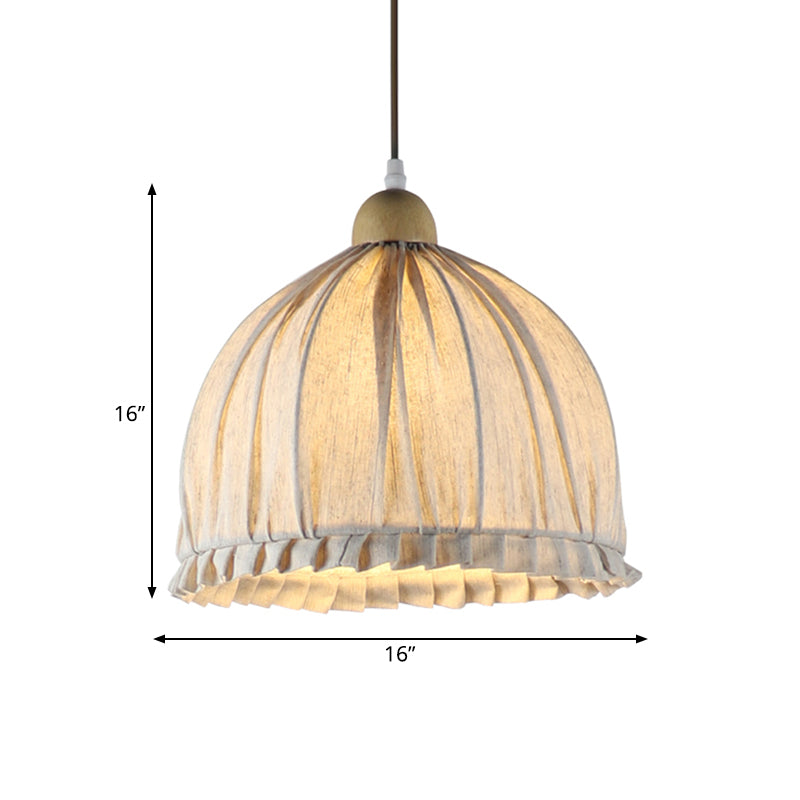 Retra 1-Light Bowl Fabric Suspended Pendant In Cream Gray With Wooden Top - 14/16 W For Dining Room