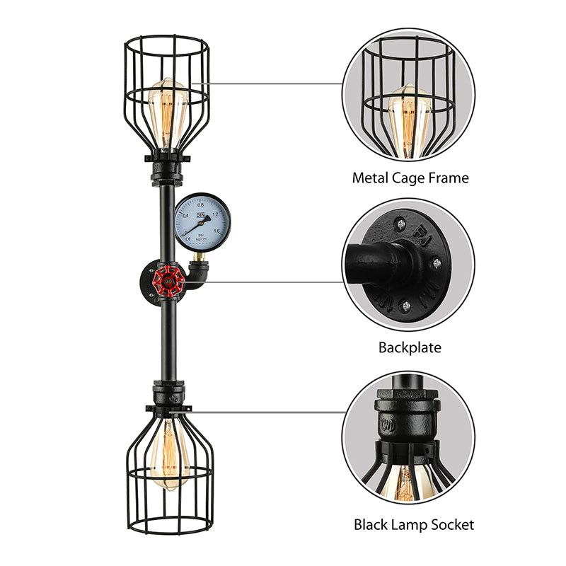 Industrial Metal Wall Sconce With 2 Bulbs Cage Shade And Gauge - Black Finish