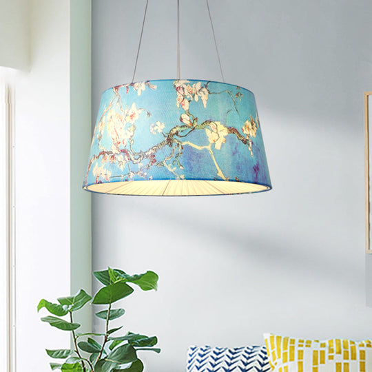 Blue/Beige 4-Light Chandelier: Pastoral Drum Pendant Lamp With Floral Pattern - Ideal For Living