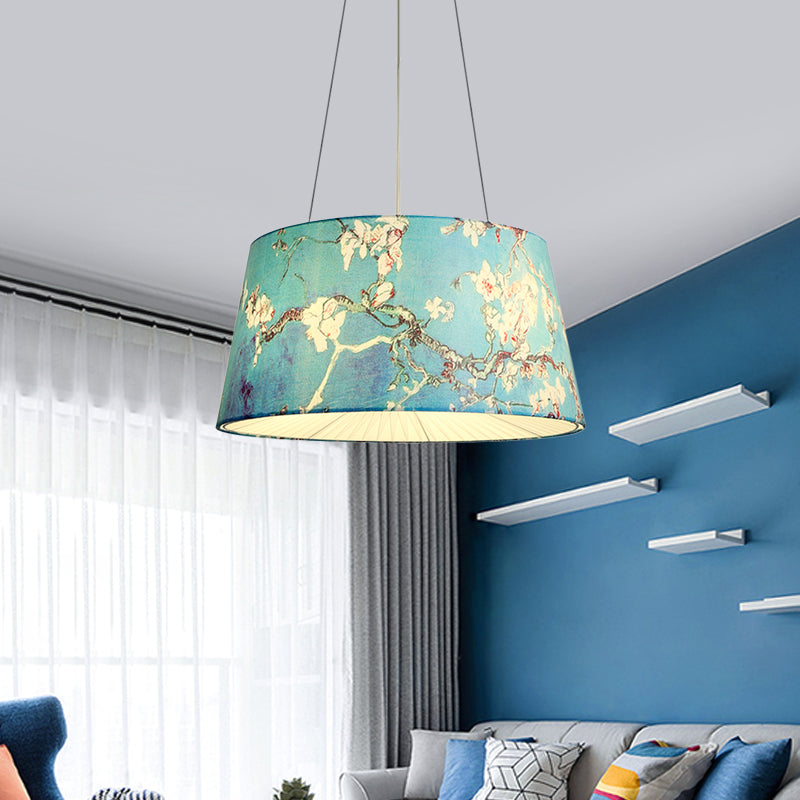 Blue/Beige 4-Light Chandelier: Pastoral Drum Pendant Lamp With Floral Pattern - Ideal For Living