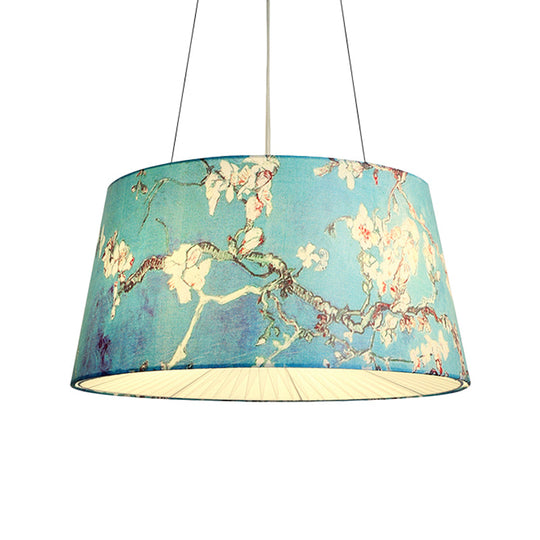 Blue/Beige 4-Light Chandelier: Pastoral Drum Pendant Lamp With Floral Pattern - Ideal For Living