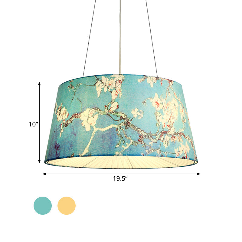 Blue/Beige 4-Light Chandelier: Pastoral Drum Pendant Lamp With Floral Pattern - Ideal For Living