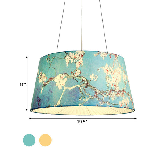 Blue/Beige 4-Light Chandelier: Pastoral Drum Pendant Lamp With Floral Pattern - Ideal For Living