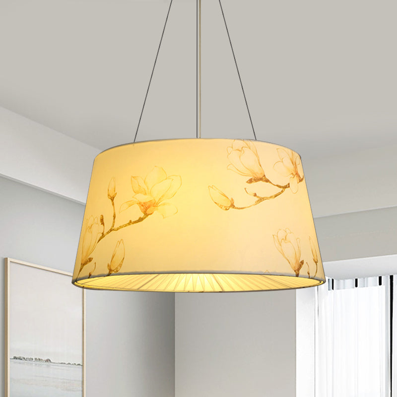 Blue/Beige 4-Light Chandelier: Pastoral Drum Pendant Lamp With Floral Pattern - Ideal For Living