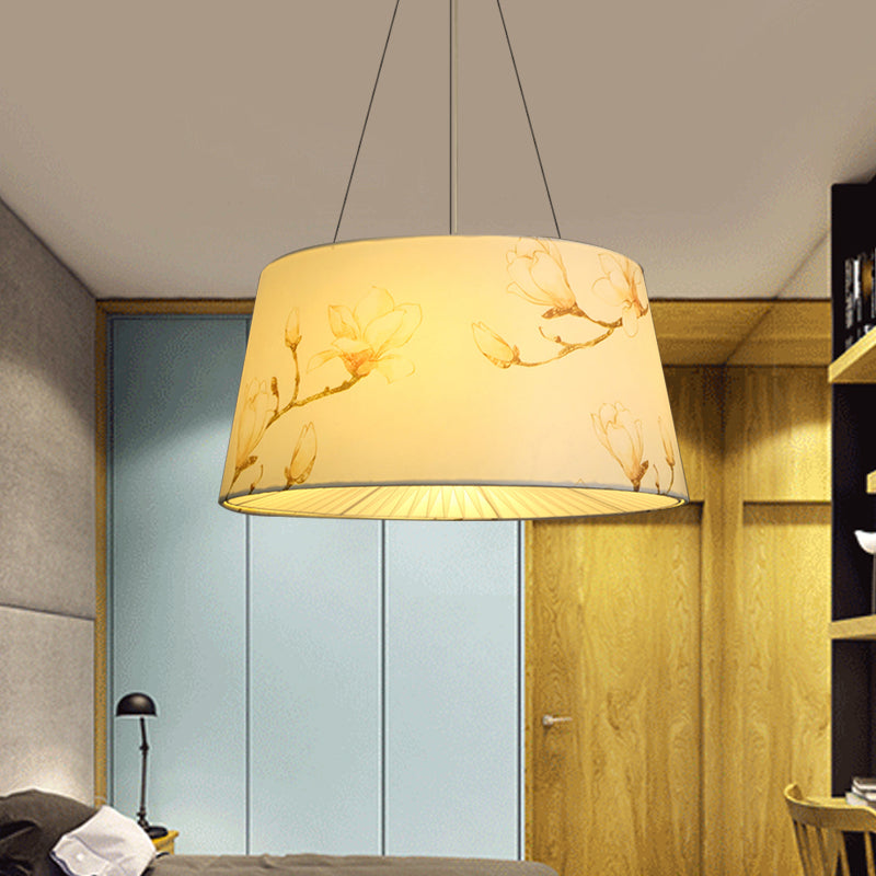 Blue/Beige 4-Light Chandelier: Pastoral Drum Pendant Lamp With Floral Pattern - Ideal For Living