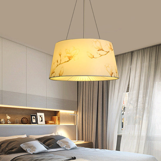 Blue/Beige 4-Light Chandelier: Pastoral Drum Pendant Lamp With Floral Pattern - Ideal For Living