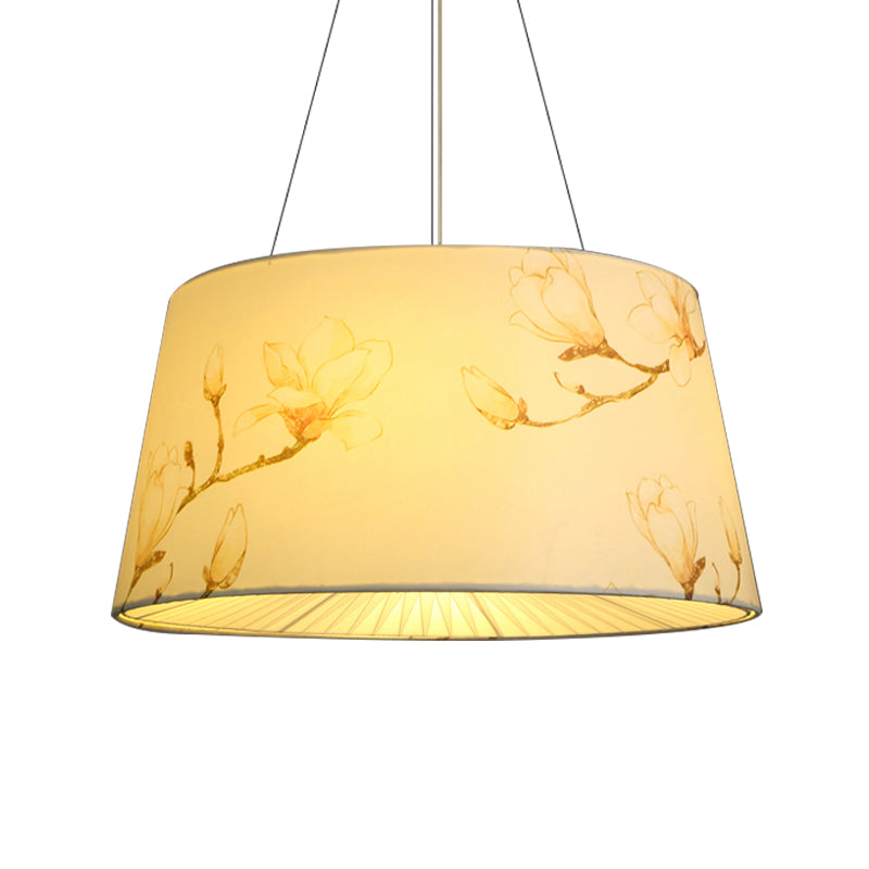 Blue/Beige 4-Light Chandelier: Pastoral Drum Pendant Lamp With Floral Pattern - Ideal For Living