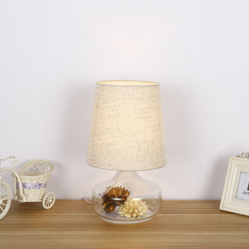 Pastoral Cream Gray Fabric Desk Lamp With Clear Glass Base - Bedroom Night Light