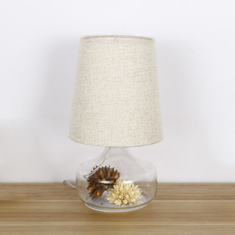 Pastoral Cream Gray Fabric Desk Lamp With Clear Glass Base - Bedroom Night Light