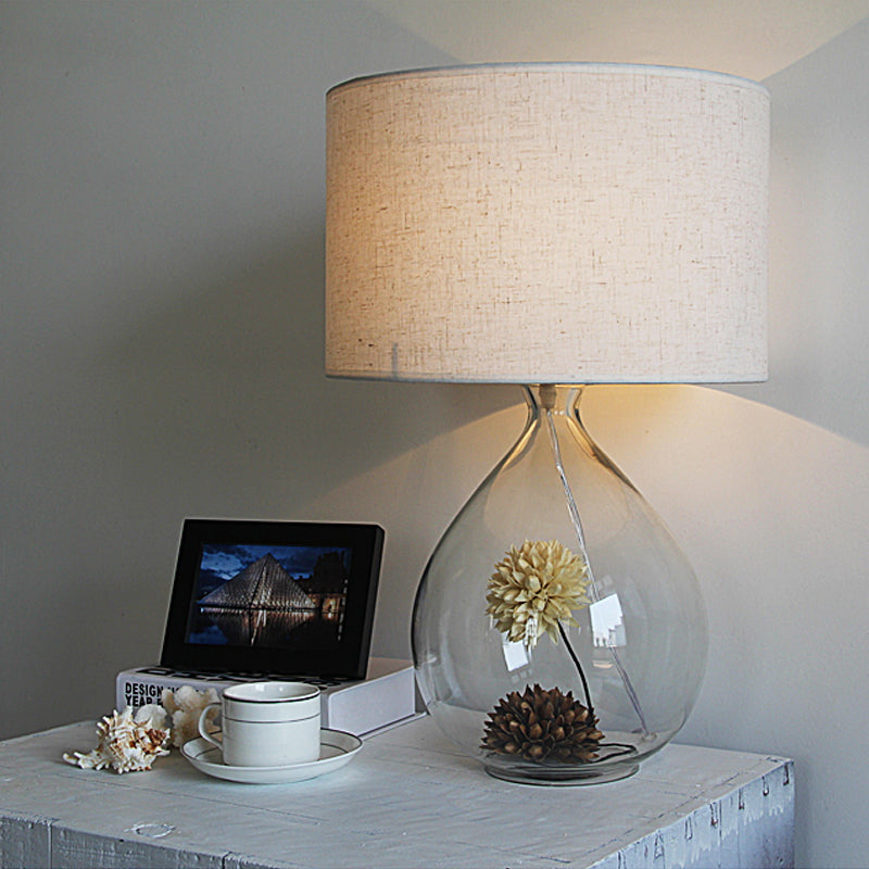 Pastoral Fabric Drum Table Lamp With Clear Glass Base - Cream Gray 1-Head Night Light Dried Flower