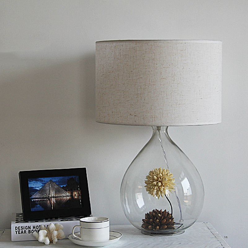 Pastoral Fabric Drum Table Lamp With Clear Glass Base - Cream Gray 1-Head Night Light Dried Flower