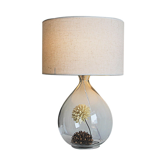 Pastoral Fabric Drum Table Lamp With Clear Glass Base - Cream Gray 1-Head Night Light Dried Flower