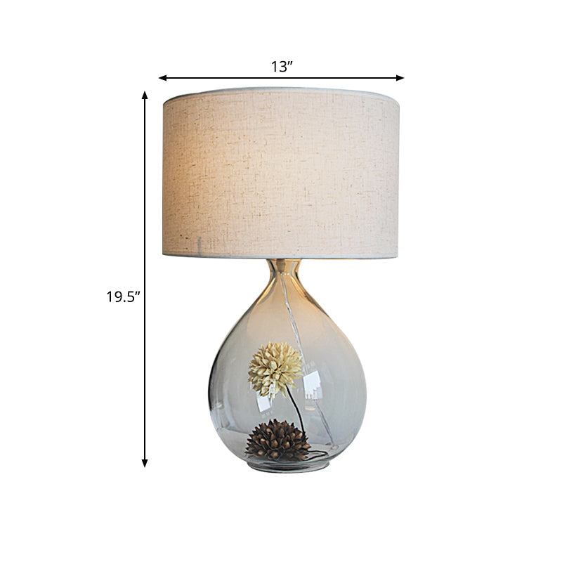 Pastoral Fabric Drum Table Lamp With Clear Glass Base - Cream Gray 1-Head Night Light Dried Flower