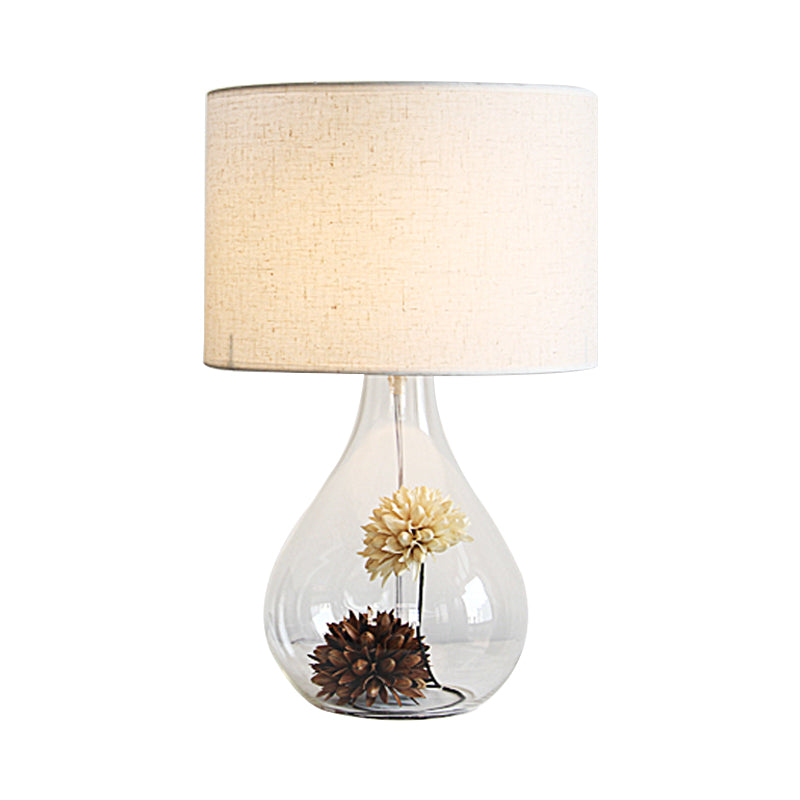 Lara - Pastoral White Drum Night Light Pastoral Fabric 1-Light Cafe Table Lamp with Vase Clear Glass Base and Dried Flower