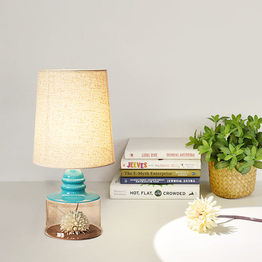 Jade - Pastoral Pastoral Bucket Table Lamp 1-Bulb Fabric Night Light in Clear/Blue/Black with Dried Flower and Glass Base