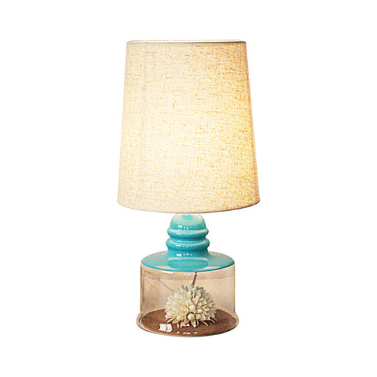 Jade - Pastoral Pastoral Bucket Table Lamp 1-Bulb Fabric Night Light in Clear/Blue/Black with Dried Flower and Glass Base