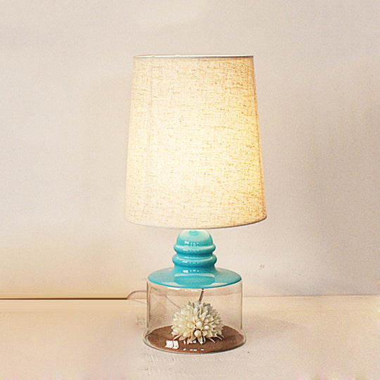 Jade - Pastoral Pastoral Bucket Table Lamp 1-Bulb Fabric Night Light in Clear/Blue/Black with Dried Flower and Glass Base