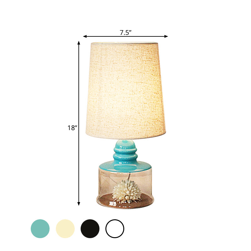 Jade - Pastoral Pastoral Bucket Table Lamp 1-Bulb Fabric Night Light in Clear/Blue/Black with Dried Flower and Glass Base