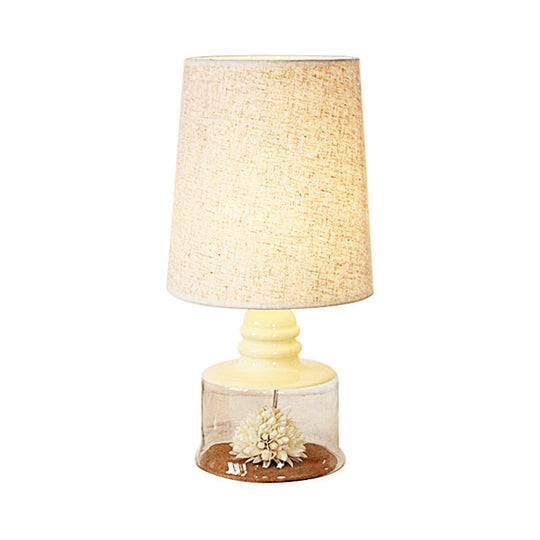 Jade - Pastoral Pastoral Bucket Table Lamp 1-Bulb Fabric Night Light in Clear/Blue/Black with Dried Flower and Glass Base