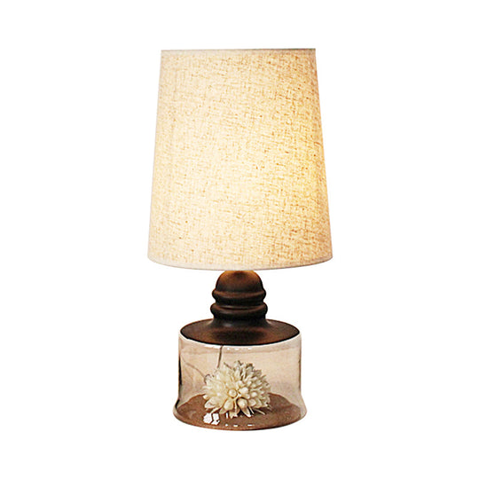 Jade - Pastoral Pastoral Bucket Table Lamp 1-Bulb Fabric Night Light in Clear/Blue/Black with Dried Flower and Glass Base