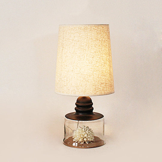 Jade - Pastoral Pastoral Bucket Table Lamp 1-Bulb Fabric Night Light in Clear/Blue/Black with Dried Flower and Glass Base