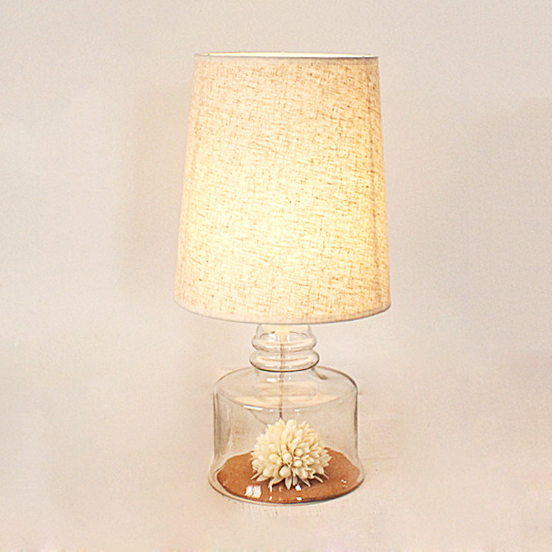 Jade - Pastoral Pastoral Bucket Table Lamp 1-Bulb Fabric Night Light in Clear/Blue/Black with Dried Flower and Glass Base