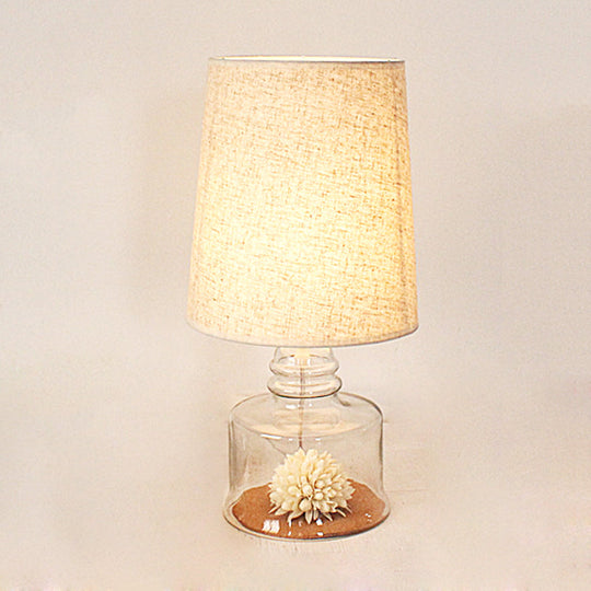 Jade - Pastoral Pastoral Bucket Table Lamp 1-Bulb Fabric Night Light in Clear/Blue/Black with Dried Flower and Glass Base