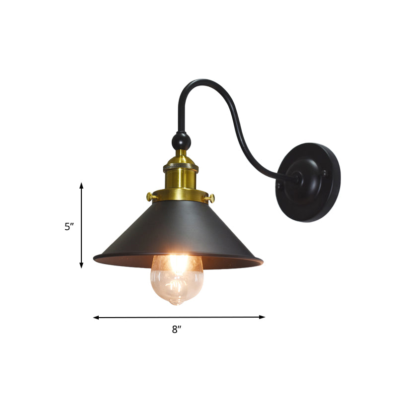 Retro Black Metal Conical Shade Sconce Lamp With Gooseneck Arm - 1 Light Wall Lighting For Corridor