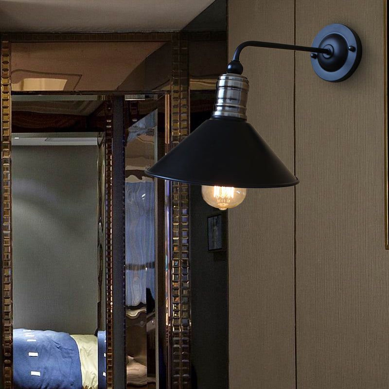 Vintage Style Metallic Conical Wall Sconce Light With Curved Arm In Black - Perfect For Bedroom