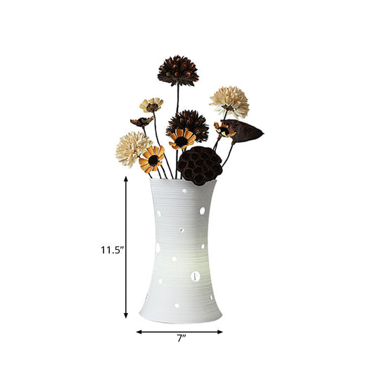 Ceramic White Nightstand Lamp: Led Pastoral Table Light (5.5/7) With Dried Flower Decor