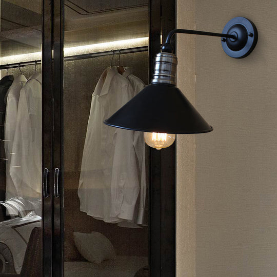 Vintage Style Metallic Conical Wall Sconce Light With Curved Arm In Black - Perfect For Bedroom