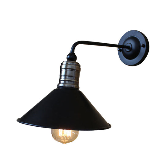 Vintage Style Metallic Conical Wall Sconce Light With Curved Arm In Black - Perfect For Bedroom