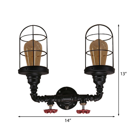 Vintage Caged Metal Shade Wall Mount Sconce With Red Valve And Pipe - Set Of 2 Bulb Lights Black