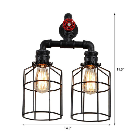 Industrial Double Caged Iron Sconce Lighting - 2 Lights Valve Wheel Black Wall Fixture For Hallways