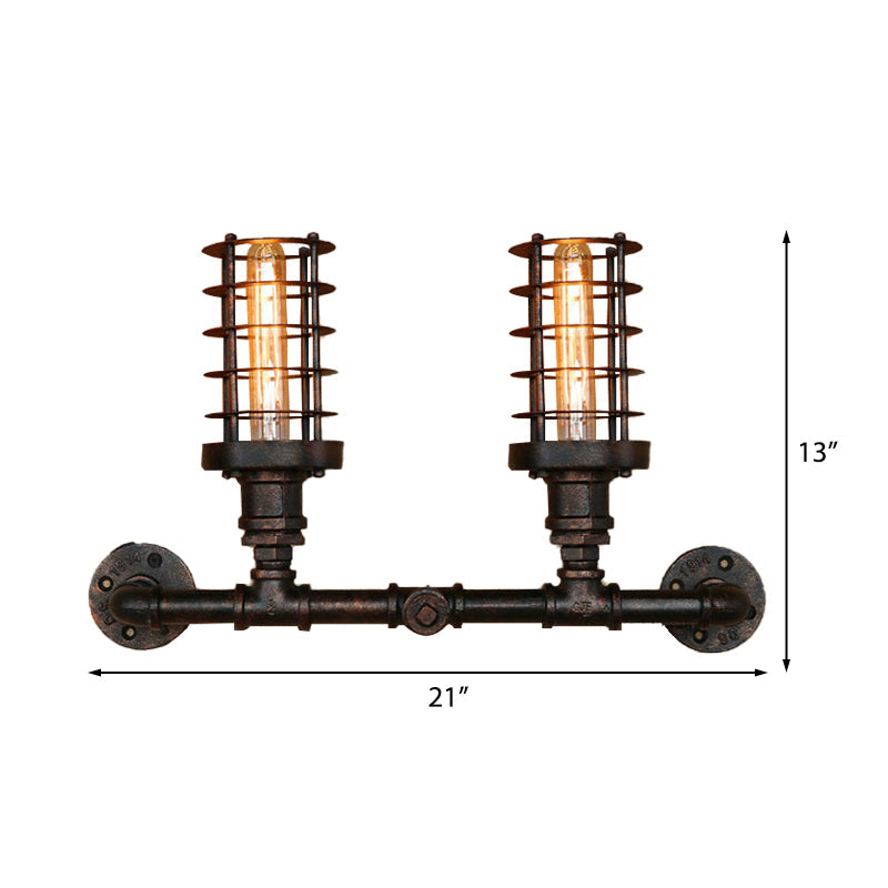 Steampunk Cylinder Wall Lamp With Wire Frame - 2 Head Iron Sconce Lighting In Aged Bronze For Living