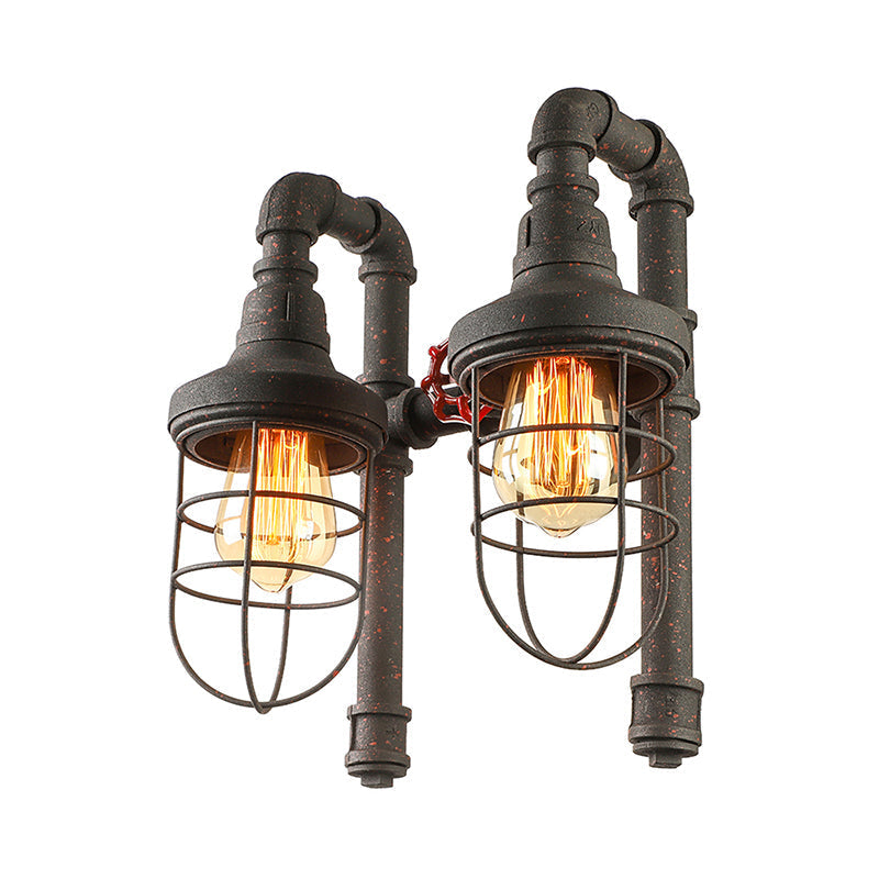 Industrial Metallic 2-Light Wall Sconce With Cage Shade And Red Valve - Black/Bronze Tubed Kitchen