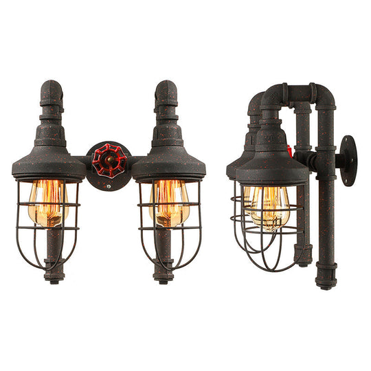 Industrial Metallic 2-Light Wall Sconce With Cage Shade And Red Valve - Black/Bronze Tubed Kitchen