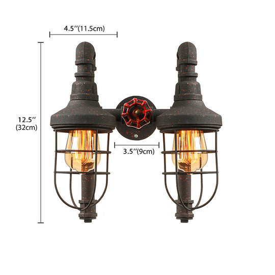 Industrial Metallic 2-Light Wall Sconce With Cage Shade And Red Valve - Black/Bronze Tubed Kitchen