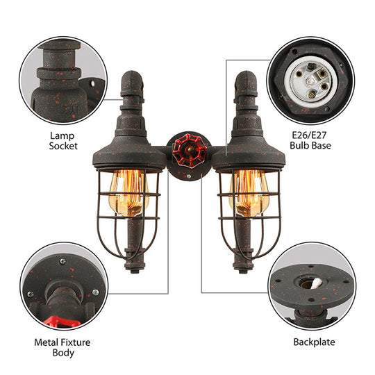 Industrial Metallic 2-Light Wall Sconce With Cage Shade And Red Valve - Black/Bronze Tubed Kitchen