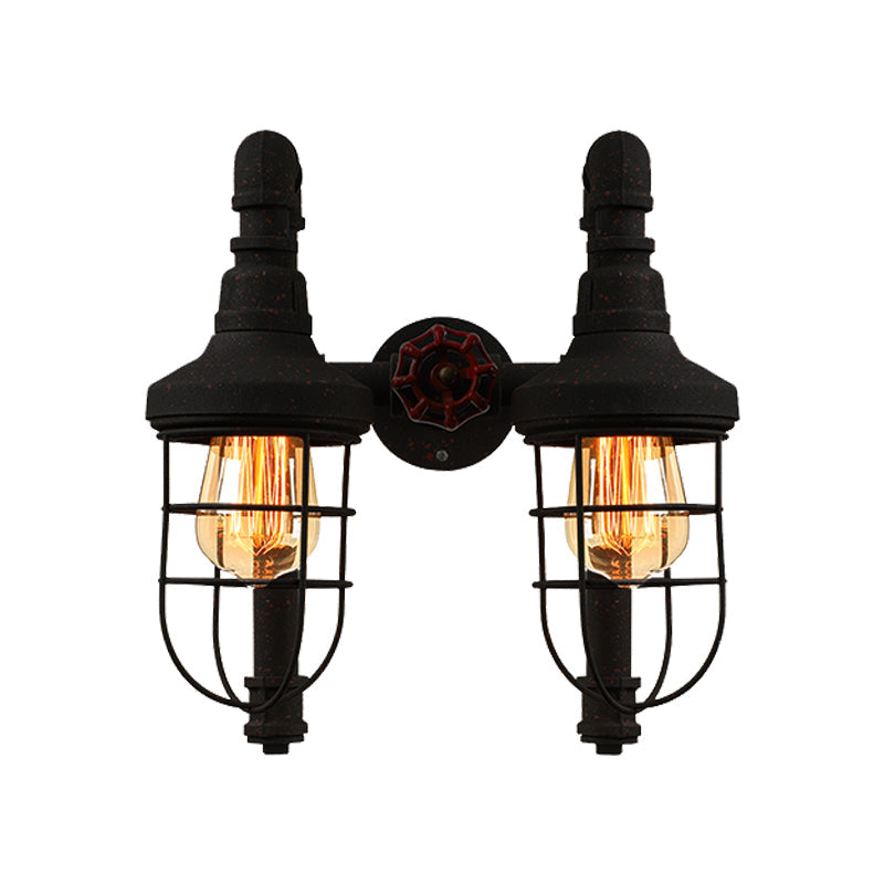 Industrial Metallic 2-Light Wall Sconce With Cage Shade And Red Valve - Black/Bronze Tubed Kitchen