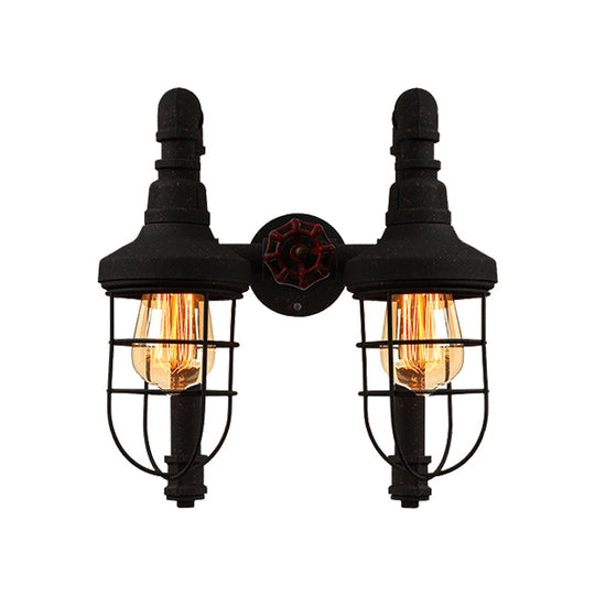 Industrial Metallic 2-Light Wall Sconce With Cage Shade And Red Valve - Black/Bronze Tubed Kitchen