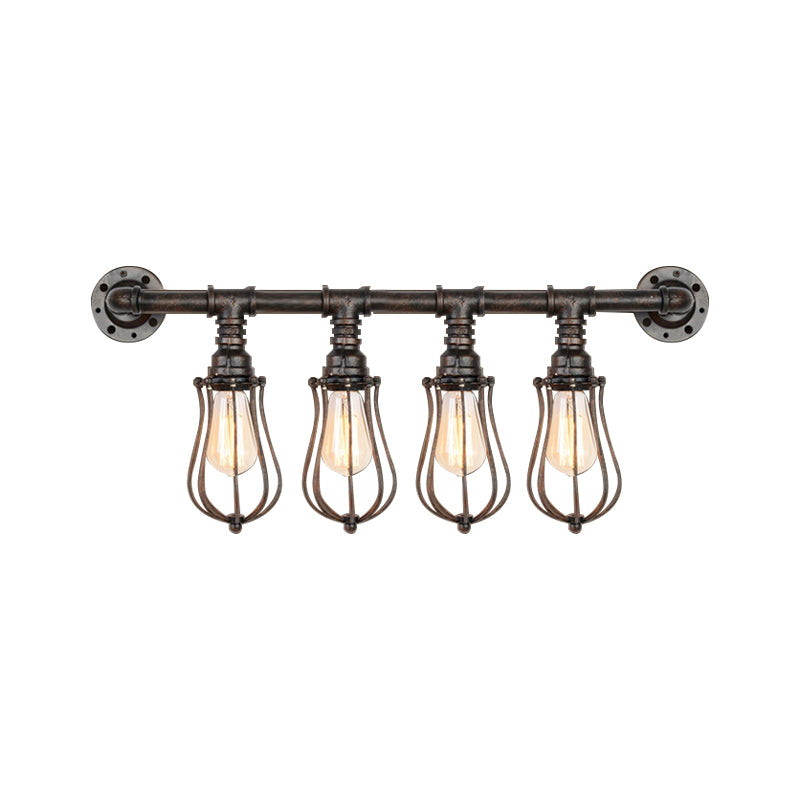 Bronze Nautical Wall Mount Light With Wire Cage And Pipe 4-Light Metal Sconce Lighting