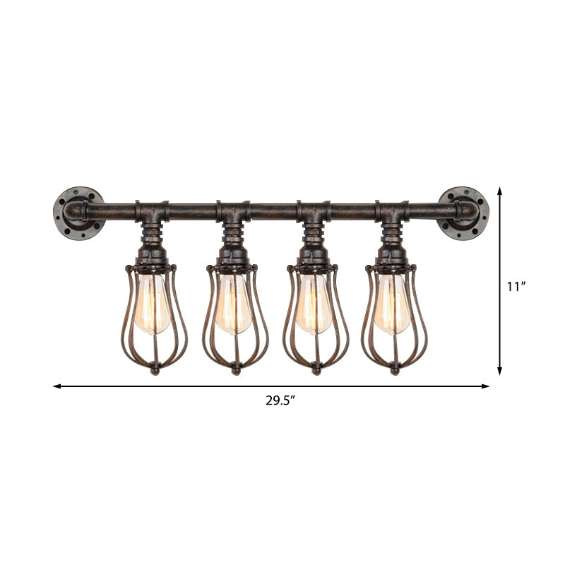 Bronze Nautical Wall Mount Light With Wire Cage And Pipe 4-Light Metal Sconce Lighting