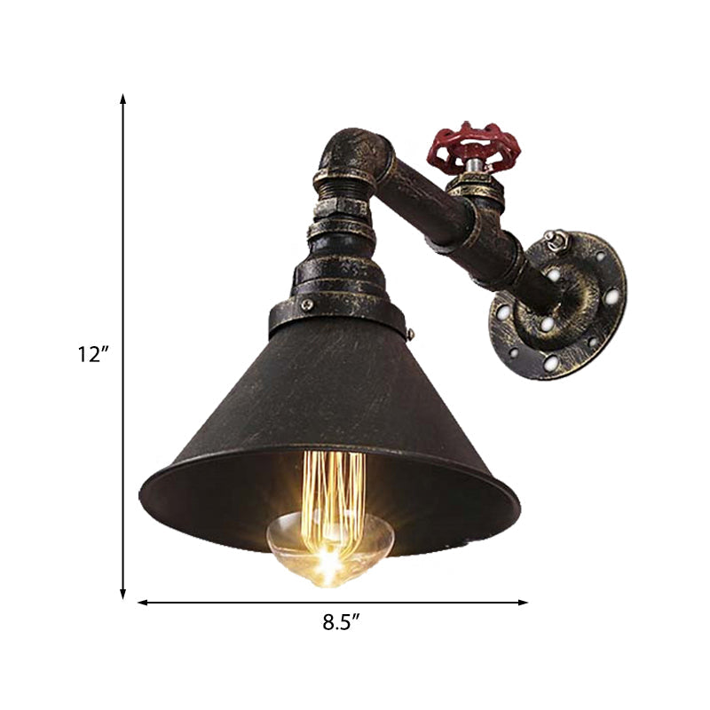 Vintage Brass Wall Sconce With Metal Cone Shade And Valve Décor - Antique Style Lamp Fixture