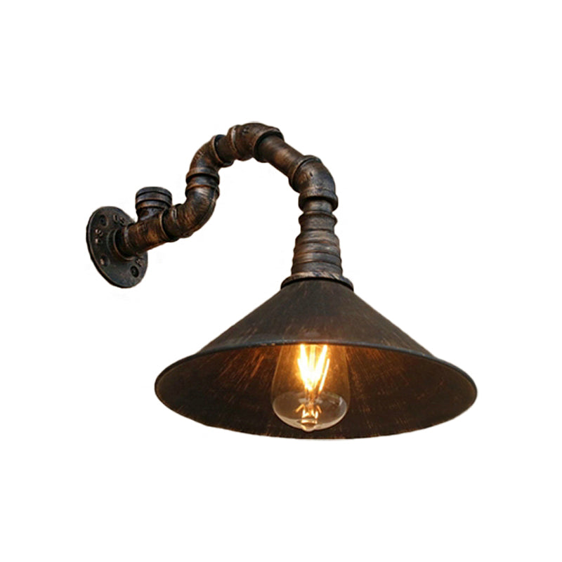 Farmhouse Style Antique Brass Wall Sconce With Metallic Cone & Pipe - 1 Head Dining Room Lighting